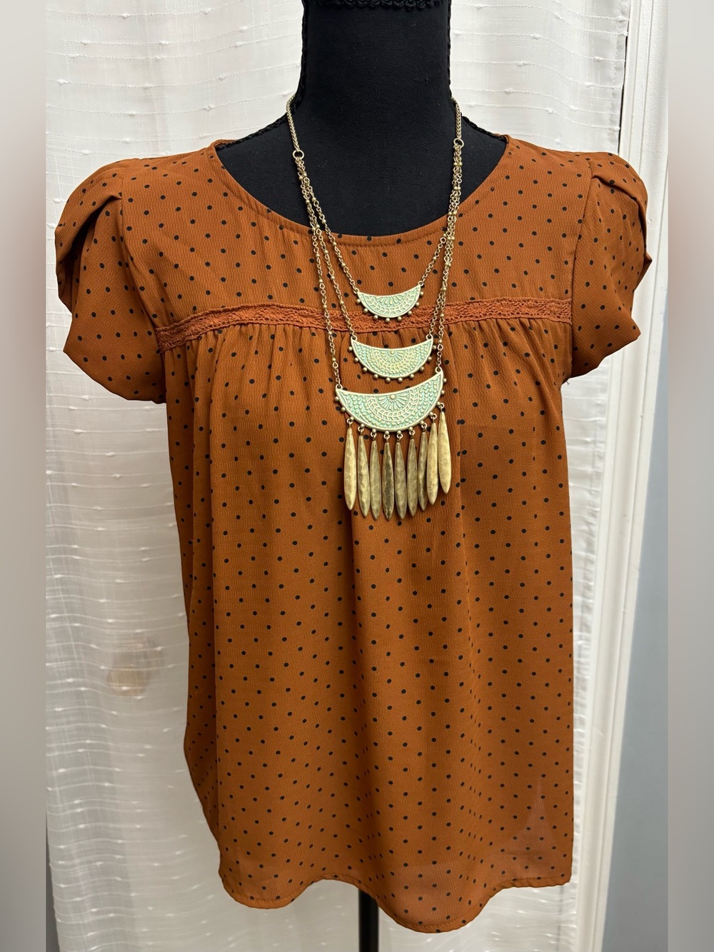 Haute Monde Rust Orange Dot Short Sleeve Blouse